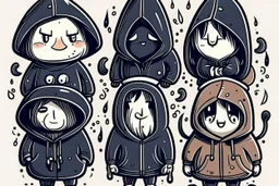 6 simple shaped shaped hand drawn cartoon characters that are cute dark and have hoodies