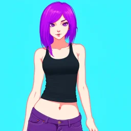 a pretty girl, skinny, relaxed, tank top, purple hair, deviantart, stylised, digital art