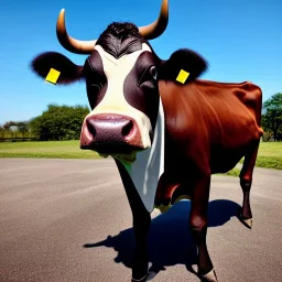 A cow wearing a suit and tie