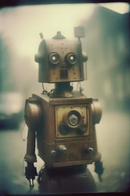 steampunk, vintage analog polaroid of a woman robot, female body, fog, lomography, heavy film grain, rain, color bleed, depth of field, bokeh, retro