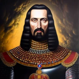 Ultra detailed fullbody Portrait in oil on canvas of Vlad the Impaler with armor,helmet,extremely detailed digital painting,ultrarealistic skin,intense stare, extremely detailed face, crystal clear eyes, mystical colors ,perfectly centered image, perfect composition, rim light, beautiful lighting,masterpiece ,8k, stunning scene, raytracing, anatomically correct, in the style of Simon Bisley and Ohrai Noriyoshi and robert e howard and Steve Jung and Wizyakuza and uncannyknack.