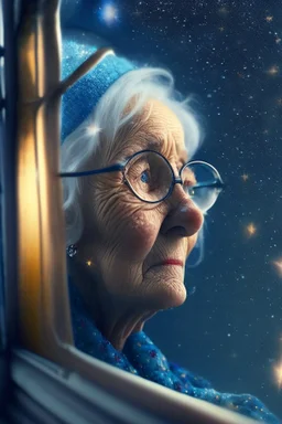 grandma elf , with background star field seen in the window of a boat, 4 k, trending art, depth of field