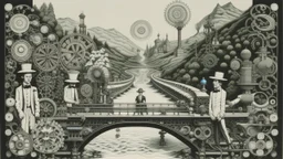 Print of a surreal scene, divided into two sections differentiated by a bridge-like structure. In the upper section, a white woman wearing a hat appears on the left, followed by three men in suits, one of whom is holding a pipe, and a machine with gears on the right. The lower section features a landscape with a body of water. The style evokes early 20th-century surrealist imagery, with a focus on detailed lines and contrasting tones.