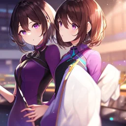 Clear focus,High resolution, one girls, Short brown hair, Purple eyes, Wearing a Vocaloid outfit