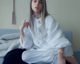 Billie Eilish, sitting on a chair, Black Short Dress, high detail, realistic, 8k