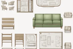 Sprite sheet, furniture, architectural plan, couch, table, chair, top view, dilapidated, post apocalypse,