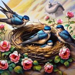 captivating cinematic painting masterfully blending traditional illustration, 3D rendering, and wildlife photography, depicts a picturesque old stone farmhouse with a thatched roof. The harmonious blend of artistic styles creates an atmosphere of serene tranquility, warmth, nostalgia, and timeless beauty. In the cozy home on the roof, three adorable baby swallows rest in their nest, watched over by a swift adult swallow soaring around them. Vibrant hollyhocks cascade along the walls, and hay in