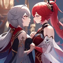 High quality, Detailed, 1girls, looking at eachother very angrily, wearing a genshin inspired outfit, the outfit has some holes, the outfit also has a very see through fabric, grey hair with on ponytail, red hair