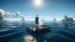 A survivor man on sea shore of an Island, standing on floating raft, graphics quality unreal engine and person should be in center of screen. make it look a bit real