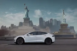 A Tesla 'Model S' is drifting at top speed, near the 'Statue of Liberty' in New York. CINEMATIC. WIDE ANGLE LENS. PHOTO REAL.