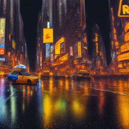 street of new-york, buildings, by night, under rain, yellow cab, taxi, camera on the floor, low-angle shot, extra fine detail, highly intricate, high-quality, volumetric lighting, 8k, ultrahd