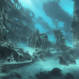 lost underwater city, Poseidon, highly detailed, cinematic, ultra photorealistic, ultra realistic, volumetric lighting, sun shafts, spectral, 4k, 8k, fish swimming around, murky, coral reef, shipwreck