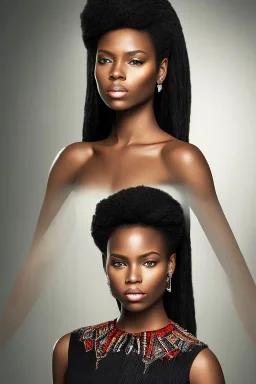 A portrait of a Beautiful black woman with long black hair standing next to twin brother with an angered expression