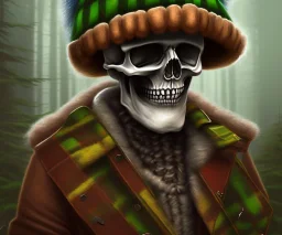 a skeleton lumberjack wearing a wool cap in a forest, in the style of Stephen hillenberg