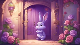 A purple rabbit enters a door decorated with magical colors, and underneath the door there are roses of different colors in a cartoon style.