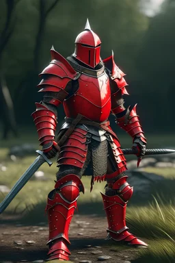 a full body image of a knight in cimson red armor og slayed the most of a battlefield