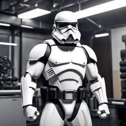 over muscular stormtrooper with gigantic biceps with veins in the training room