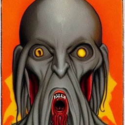 Nosferatu with yellow eyes with fleshy tentacle hair beard grey skin and red fangs as a Russian Orthodox