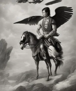 black hawk, native american warrior, mature, long black hair, big muscles, black fabric coat like wings