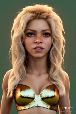 Shakira artist, Realistic image, natural waist up portrait, natural busty , perfect eyes, glow, circle iris, eye liner. spray line make up, glow. lips, gold. big rings piercing, led ornament. coat, vibrant color, highly detailed, art stations, concept art, smooth, unreal engine 5, god lights, ray tracing, RTX, lumen lighting, ultra detail, volumetric lighting, 3d, finely drawn, high definition, 4k.