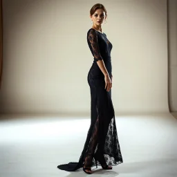 Full-body fashion editorial photograph of an elegant and beautiful woman. She is wearing a sophisticated, delicate black lace evening gown with modest coverage and matching high heels. Captured in a high-end luxury studio setting with soft, dramatic studio lighting that highlights the texture of the lace. Graceful posture, professional model pose, realistic skin textures, cinematic atmosphere, haute couture style.