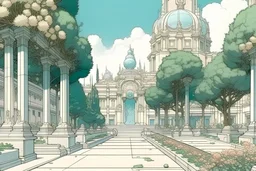 white marble city street, ancient design, rich vegetation, flowers, trees, fountains, temples by Moebius