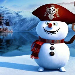 Nærøyfjorden Verdsarvpark, pirate snowman with eye patch on a viking ship, in the style of pixar