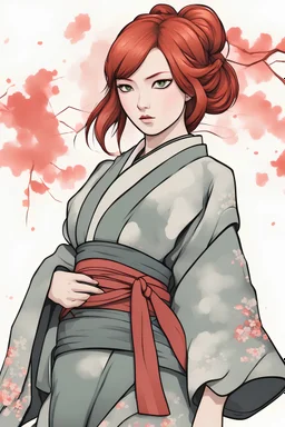 Samurai woman kimono, redhead, heavy armor Wild Stance cartoon