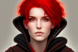 A woman with short, bright red hair, brown eyes, wearing a black hoodie.