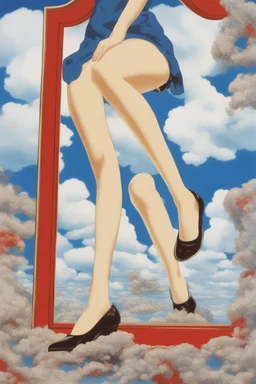 just legs girl legs in frame,cloud in blue sky, a red lip, collage art, shuji terayama, dreamy objects, surreal, criterion collection, showa era, intricate details, mirror