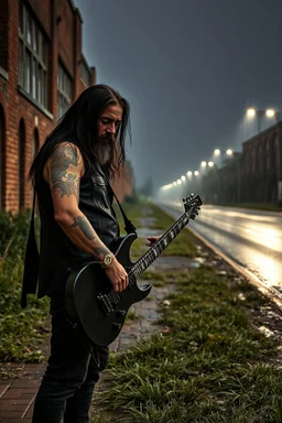 a very disappointed member with guitar case, dark long hair and beard of a death hard rock band who has been kicked out of a rehearsal space in Sweden, old factories style with bricks, deserted place overgrown plants and grass, he stands outside in the rain and cries, street lamps shining, raindrops, wind, empty roads and cycle paths next to it, really bad weather