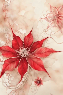 Close up of A RED VIBRANT tattered PIONSETTIA CHRISTMAS FLOWER IN AN ethereal beige setting, the setting is in a blend of old world aesthetics and ethereal creamy beige and white fantasy in a dreamlike ethereal zentangle illustration in the magical style of Charlene McNally and carne griffiths