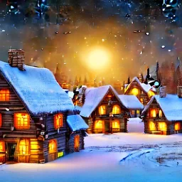 tiny fantasy farming village at night with wooden buildings in winter moonlight