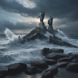 **Cinematic Art:** Visualize colossal, ancient statues emerging from the sea, their outstretched arms holding back storm surges. These guardians symbolize resilience and protection against coastal flooding. Wide-angle shots capturing the vastness of the ocean and the statutes imposing presence. **Appearance:** Cinematic art ideas that that encapsulate the essence of constructing and optimizing flood and stormwater infrastructure in geographical and coastal areas prone to natural disasters. These