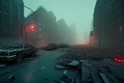 uptown manhattan, post apocalyptic, run down, residental homes , night time, destroyed buildings , unity, scriptable render pipeline , red tone , volumetric , blue emission , faded fog , lighting.