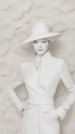 The fashion show walks onto the podium. Armani 2024. Angel White Designer Silk Blend Textured Floral Matelasse Fabric.