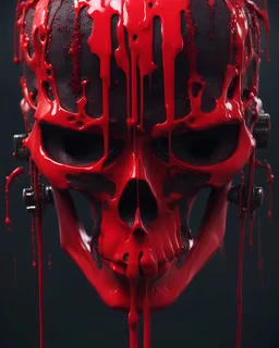 A black cyberpunk cyborg skull, covered in thick red paint, dripping effect, cinema4D, ((art by David Altmejd)), 3D portrait, bizarre, cgsociety,artstation, pinterest, industrialpost punk aesthetic fused with cyberpunk glitchcore, kinetic sculpture futuristic, CGI, dark minimalism, visually captivating, enigmatic, modern, sci-fi horror, industrial avant garde, abstract 3d, golden ratio, 4k, digital masterpiece, conceptual, graphic art