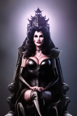 painting of lisa ann as evil queen in black leather, sitting on a throne, leather, angry, stern look, volumetric lighting, particales,highly detailed,cinematic, deep colours,8, highly detailed, digital painting, artstation, concept art, smooth, sharp focus,