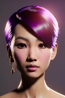 Young asian woman, barbarian character, purple hair, gold eyes, gold jewelry, leather, vibrant color, highly detailed, art stations, concept art, smooth, unreal engine 5, god rays, ray tracing, RTX, lumen lighting, ultra detail, volumetric lighting, 3d, finely drawn, high definition, high resolution.
