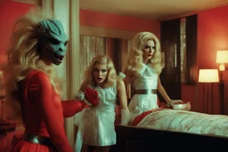 [vintage style noisy scratches glitches, Shot the texture and then rewound the film and double exposed from a colorful 1970s Italian movie] As the hot blonde cheerleader and the xenomorph mummy faced each other in the eerie hotel room, a palpable tension filled the air. The cheerleader, her youthful exuberance contrasting with the mummy's ancient horror, stood poised for a confrontation unlike any other. The xenomorph mummy, a fusion of unearthly terror and decaying majesty, regarded the cheerle
