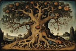 gnarled and twisted tree of life with faces and bodies in the trunk, deep colour, Hieronymus Bosch