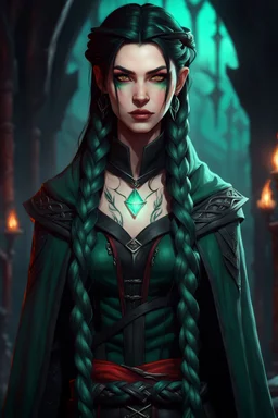 Beautiful young Hexblood warlock female character. Long straight jet-black hair to the waist. Half-up hairstyle with two loose Dutch braids on each side. Bright glowing pale emerald-red eyes. Delicate face. High cheekbones. Full lips. Soft smile. Faint dark vine markings on face and neck. Black long cloak. Scars, markings and tattoos Realistic dark fantasy. Highly detailed. Cinematic lighting.