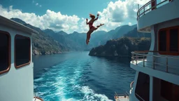 where a skilled female diver performs an impressive dive into the water, executing twists and turns mid-air. The description should capture the elegance of the ship, the beauty of the surrounding landscape, and the gracefulness of the diver's movements.
