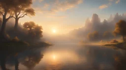 Style Albert Bierstadt, sunrise, relaxation, luxury, dream world, calm beauty, symmetry, fantasy world, magic, beautiful composition, exquisite detail, 135mm lens