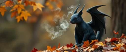 portrait of a squirrel black dragon in autumn, breathing smoke