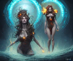 Four doll divine representing each one the four elements: Fire: Earth: Air: Water. Mark Brooks and Dan Mumford, comic book art, perfect, smooth elemental galactic space core. Detailed photograph, WLOP, Unreal Engine 5 volumetric lighting Insanely intricate face hair lashes hyper detailed painting by Ismail Inceoglu Huang Guangjian and Dan Witz Central fantasy art album cover art resolution HD