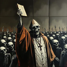 zombie priest raising an arm holding a bible in front of an army of the dead, image broken up into individual panels, nihilism, modern stylish oil painting, by Ted McKeever style, by Zdzislaw Beksinski, ink wash mind-bending illustration, dark shine, by VS Gaitonde