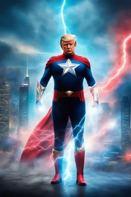 movie poster - "MAGA MAN" - Donald Trump as 'Maga Man,' Extremely Muscular, Skintight, formfitting, crimson bodysuit, blue cape, silver boots, multicolored Lightning, Multicolored vortex, neon lit futuristic cityscape, mist, fog, speed, extremely overexaggerated musculature,