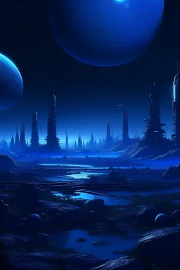 alien planet hivemind city night blue light