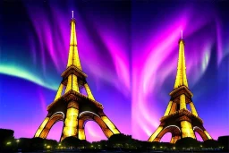 Eiffel tower but bigger and made from diamonds , mild aurora , flying cars passing